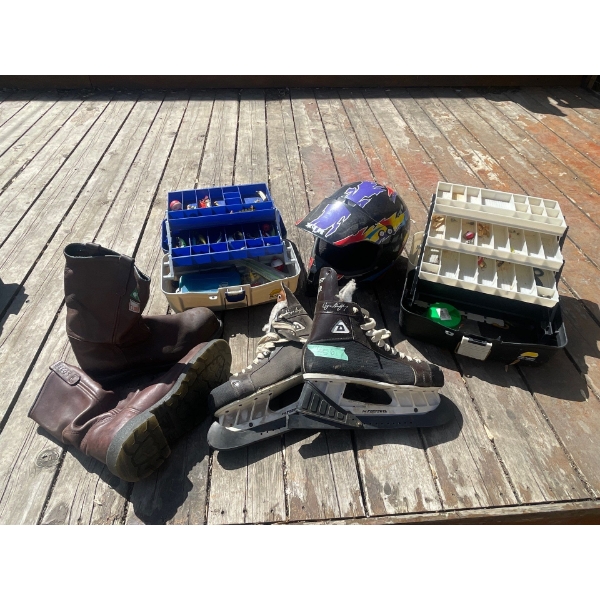 2 Tackle Boxes with Lures, RedWing Boots Size 12 Like New, Wayne Gretzky Skates Size 10, Motor Bike 