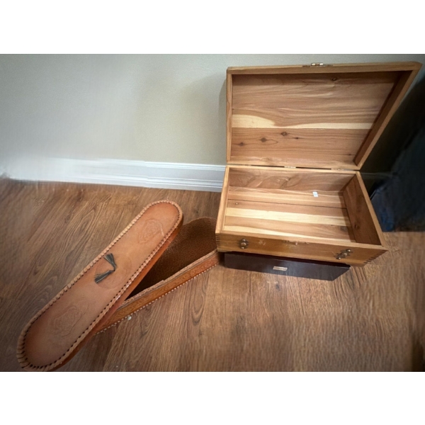 Leather Box 16.5 W, 5 D, 3.5 T, Cedar Box 12 W, 8 D, 5.5 T and LLadro Stand 10.5 W, 9.5 D, 3.5 T 
