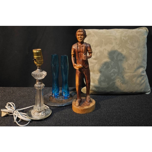 Home Decor Items Including Wood Carving, Glassware, and Pillow