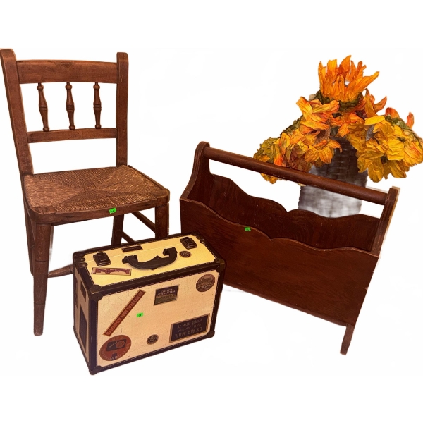 Wooden Side Chair, Magazine Rack, and Decorative Storage Box Group