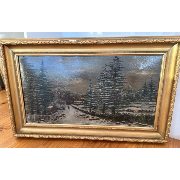 Vintage Oil Painting Depicting Dusk - Landscape In Gold Gilt Frame 24x12