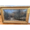 Image 1 : Vintage Oil Painting Depicting Dusk - Landscape In Gold Gilt Frame 24x12