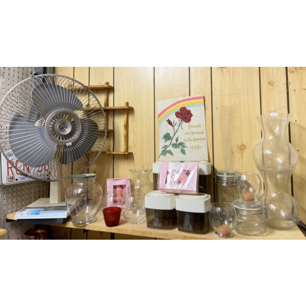 Assorted Canisters Vases Jugs w/ Vintage Fan