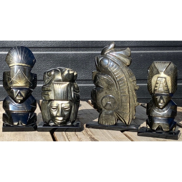 Hand Carved Black Obsidian Aztec Statues- Mexican Made