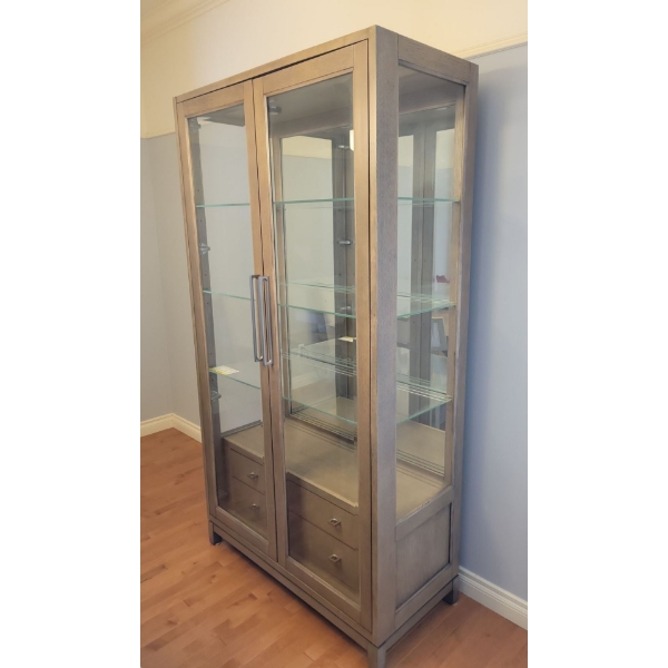 Modern Farmhouse Hutch w/ 2 Drawers 3 Glass Shelves & Brushed Nickel Accents 44x20x80