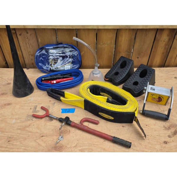 Automotive Accessories Lot Including Smittybilt Tow Strap and Booster Cables