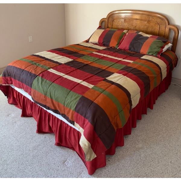 Wooden Queen Sized Headboard w/ Multicolored Striped Comforter & Pillows