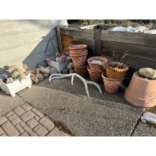 Variety of planters and a elk shed