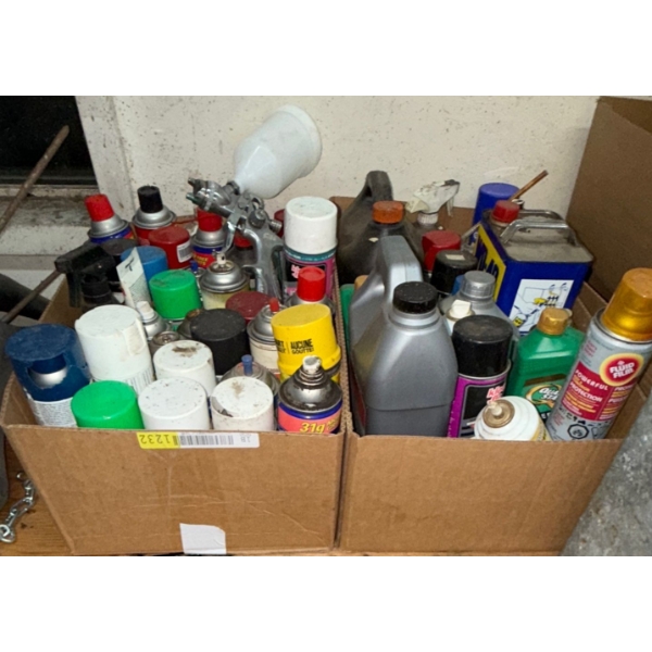 Two Boxes of Shop Fluids--  WD40, Lubricants, Grease, Transmission Fluids, Oil & More