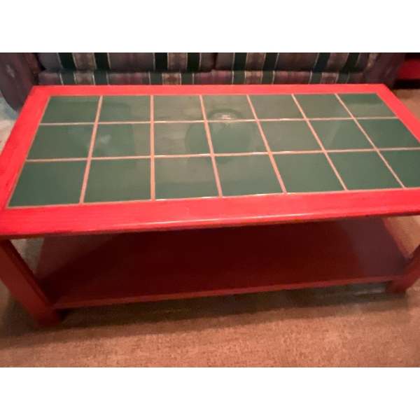 Matching Cherry Wood Coffee Table With Green Tile Center And Lamps 