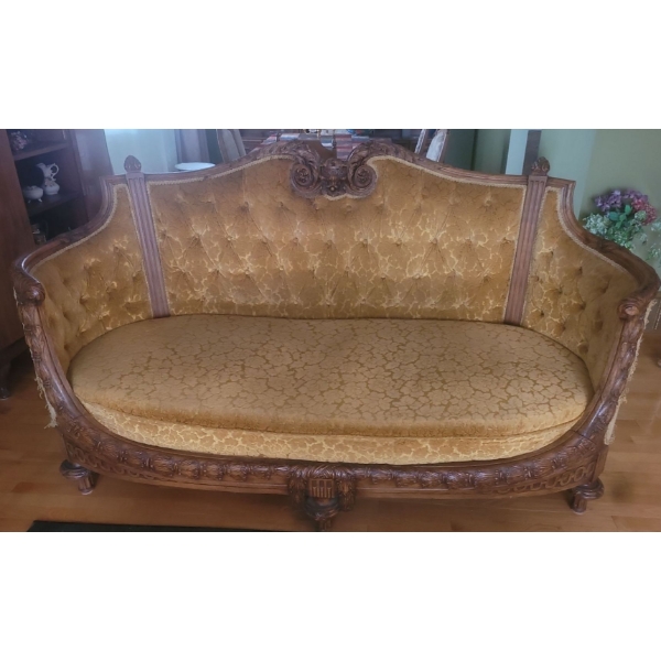 Antique 1600's Ornate Wooden & Fabric Chesterfield (Some Fraying on Fabric) - 77W, 33D, 43T 