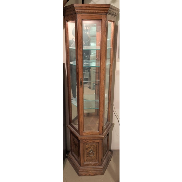 Octagonal Oak Display Cabinet with Glass Panels and Shelves