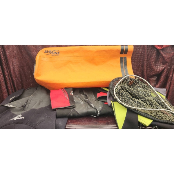 Body Glove Wetsuits, Fishing Nets, and SealLine Dry Bag Lot