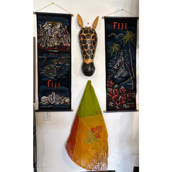Tourist Keepsakes - Hand Carved African Mask Fijian Tapestry Scrolls Sash w/ Tassels
