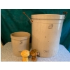Image 1 : Set of two vintage Medalta crocks 2gl 10gl, set of 1970s mushroom salt and pepper shakers 