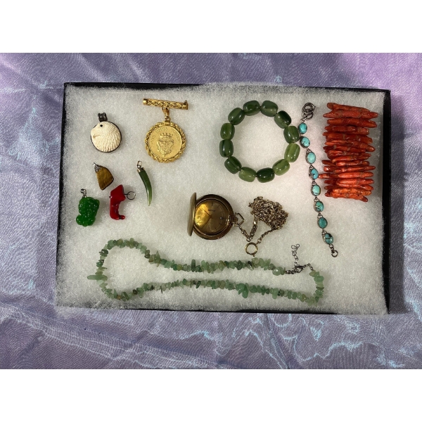 Collection of Costume Jewelry; Pendants, Bracelets, Pocket Watch