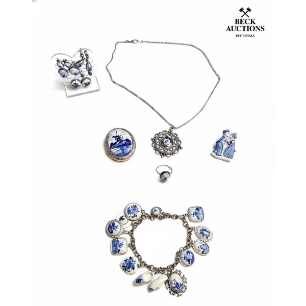  Collection Of Vintage Dutch Delft Porcelain Costume Jewelry , Necklace, Bracelet, Earrings, Ring