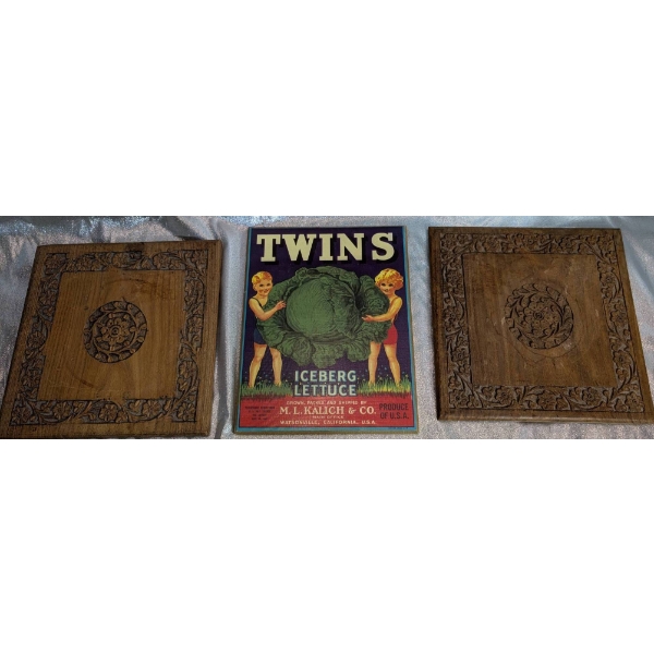 Two Carved Wooden Panels and Iceberg Lettuce Advertising Sign