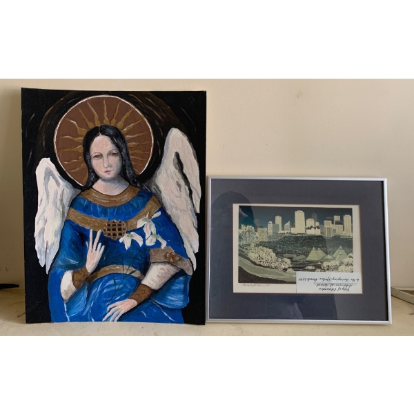 George Webber Art Print 'City By Night' w/ Religious Oil On Board Art 14x18