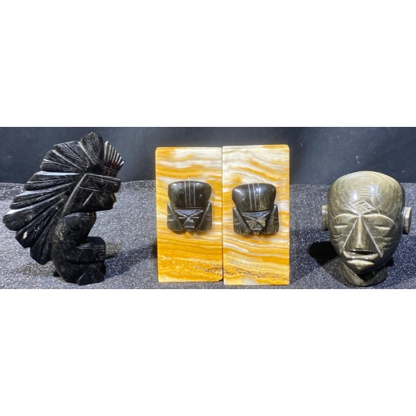 Hand Carved Yellow Marble Bookends & Black Obsidian Aztec Sculptures 