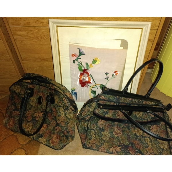 Two Large Floral Carry-On Bags w/ Framed Embroidery Textile