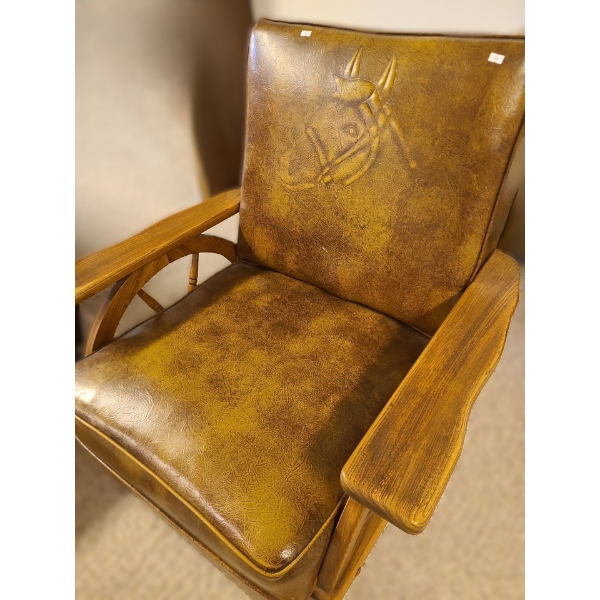 Vinyl Horse Design Chair  w/ Wooden Wheel Detail 33 w, 31 d, 31 h 