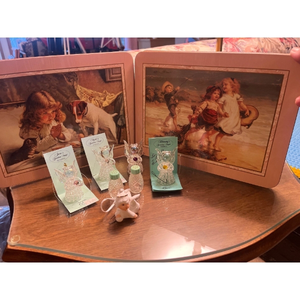 collection of angel Christmas decorations, along with six vintage cork, hot pads, and a small vintag