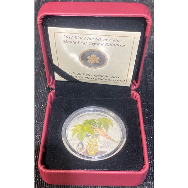 2011 $20 Swarovski Maple Leaf Crystal Rain Drop Fine Silver Coin 31.39 Grams