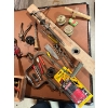 Image 3 :  vintage woodworking tools, including a brace and bit, various auger bits, a wooden marking gauge, a
