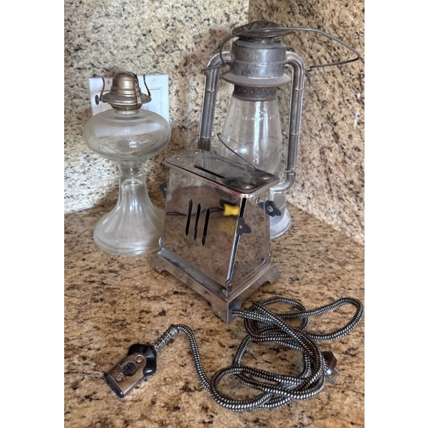 Vintage  & Antique Oil Lamps, 2 Pcs, w/ Antique Toaster 