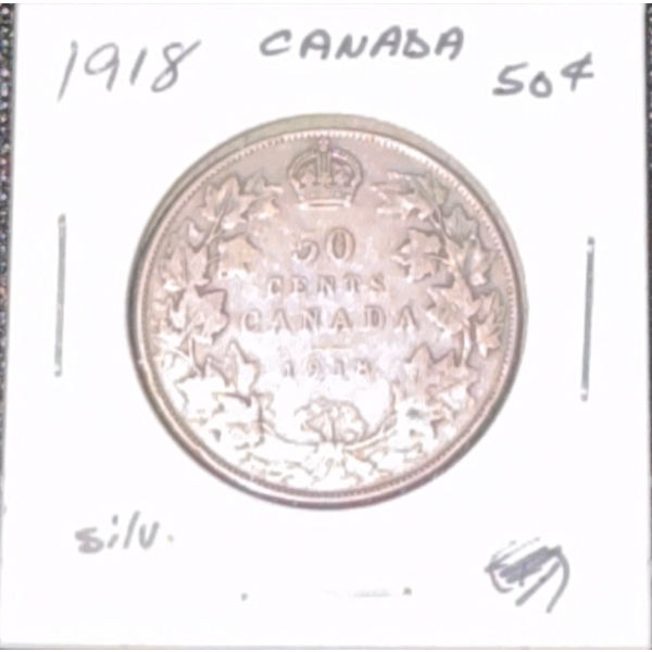 1918 Canadian 50 Cent Coin 92.5% Silver 11.62 Grams