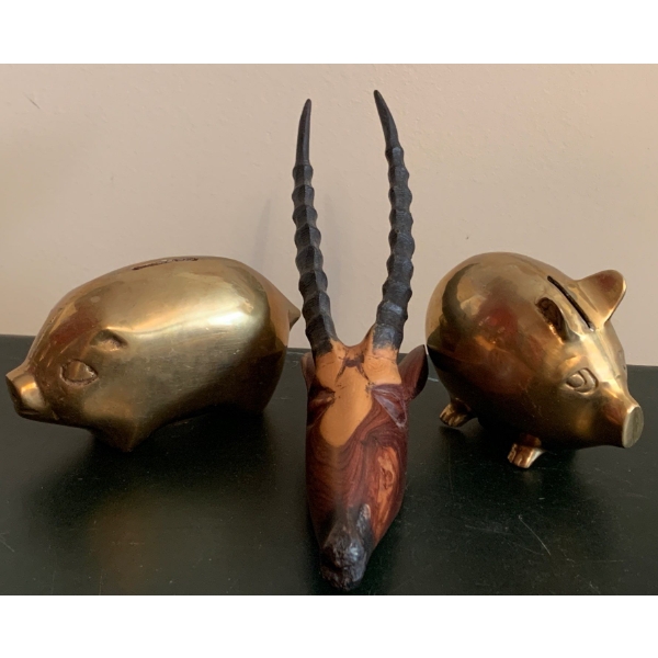 Brass Coin Banks w/ Hand Carved Horned Antelope 10L