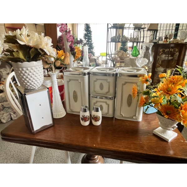 Vintage Ekco Canada kitchen canister set, retro napkin holder, plus a variety of milk glass vases wi