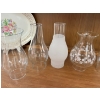 Image 2 : 4 VTG BEADED TOP GLASS OIL HURRICANE LAMP CHIMNEY GLOBE plus 4 others, and wooden chair. 