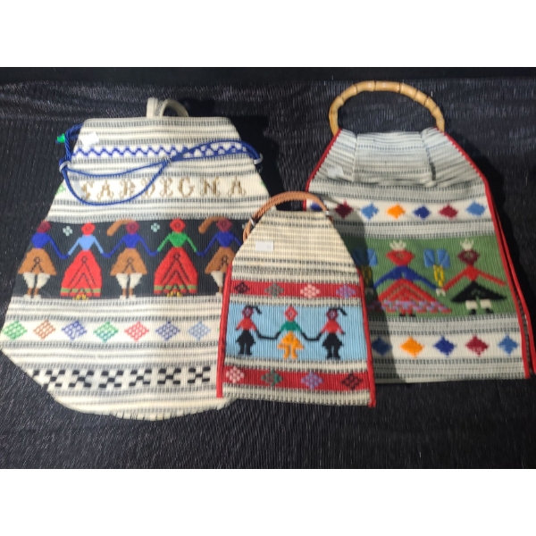 Woven Pouch 13.5 X 15, Woven Decor w/ Bamboo Handle 9.5 W, 18, w/ String Handle 6.5 W, 8.5 