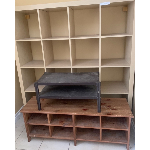 MDF 16 Hole Utility Cubby Shelf 59 w, 62 h, 15 d, MDF 8 Hole Shoe Bench 47 w, 18 h, 14 d