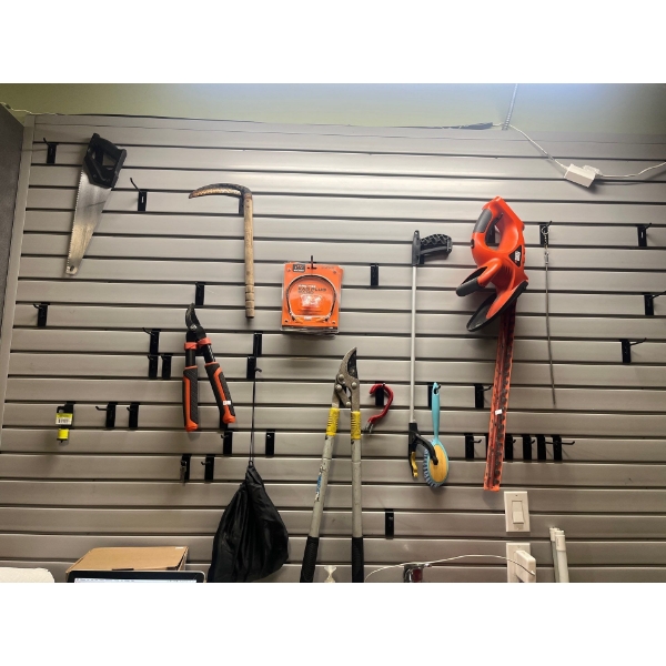 Wall With Garden Tools & Electric Hedge Trimmer Hangers & Board Not Included 