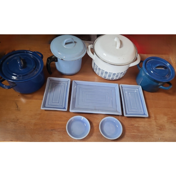 - Enamel Cookware: White 9" Diameter, 5 T and Ceramic Blue Crackle- Largest Tray: 9.5 X 7