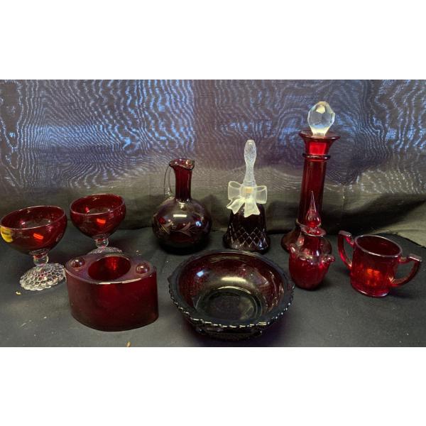 Cranberry Glass: Ruby Red Potion Bottles w/ Cape Cod Dessert Bowl & More