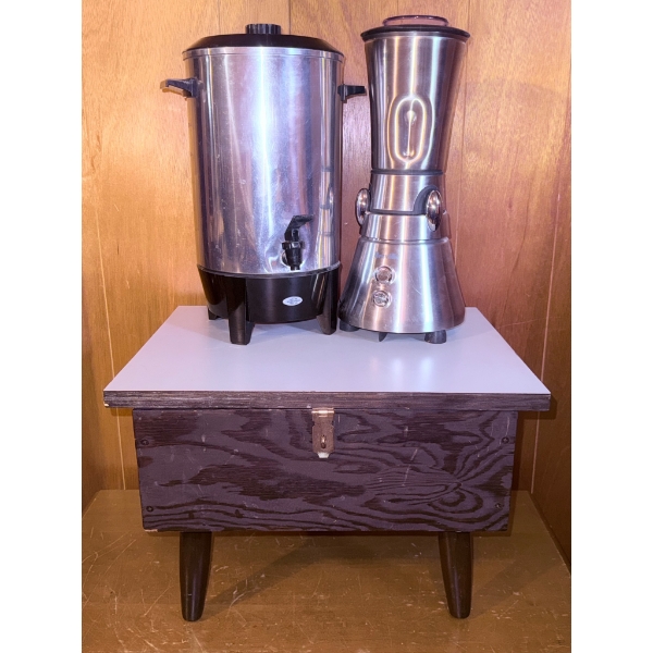 Stainless Steel Coffee Urn, Blender, and Wooden Storage Box Set