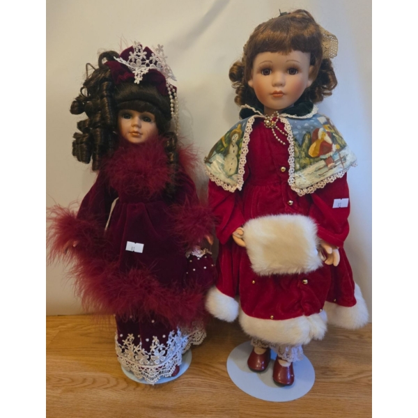 Porcelain Dolls in Red Velvet Dresses - Tallest is 19T 