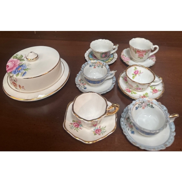 Miniature Mismatched Tea Set w/ Butter Dish 2"Tall - Aynsley & More