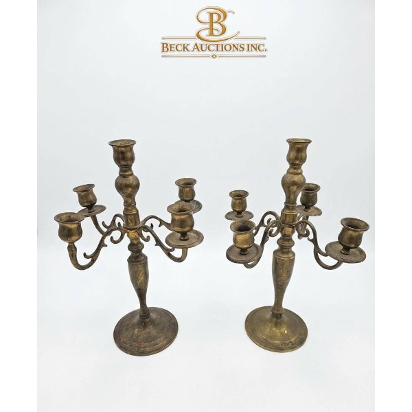 Brass Candelabras with 14-Inch Height Featuring Five Candle Holders Each