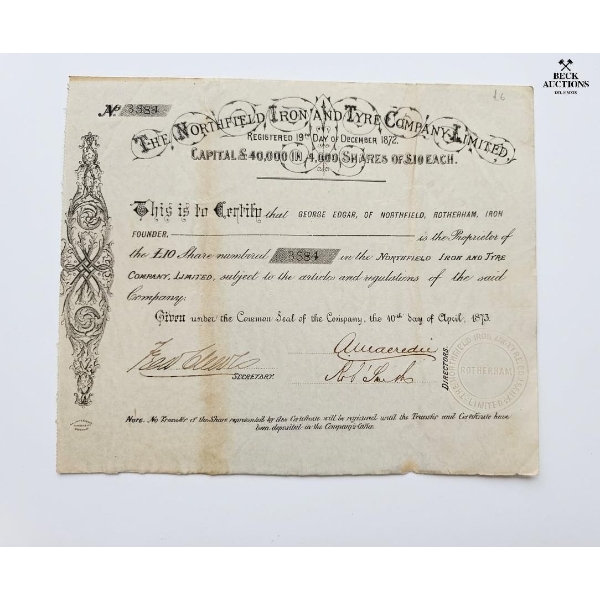 Historical Share Certificate For The Northfield Iron And Tyre Company, Limited, Dated April 10, 1873