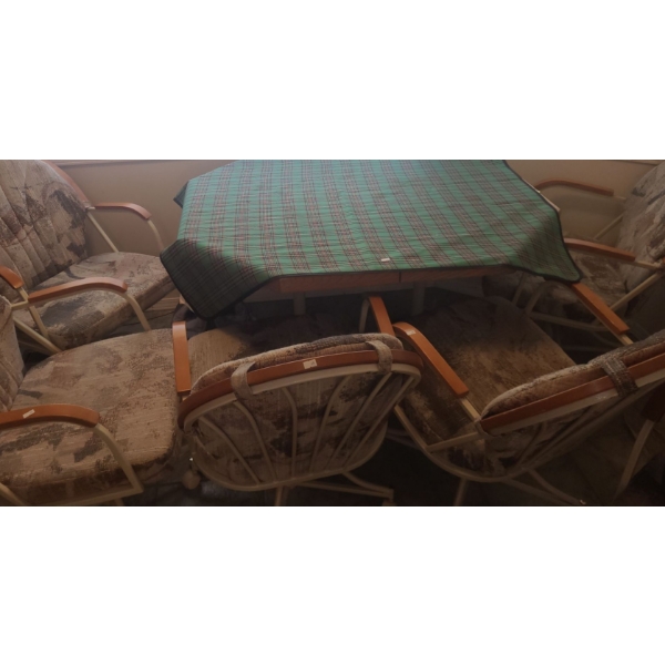 Kitchen Dining Table 46.5 W, 40 D, 30 T, Plus Extra Leaf and Six Chairs 22 W, 19 D, 34 T 