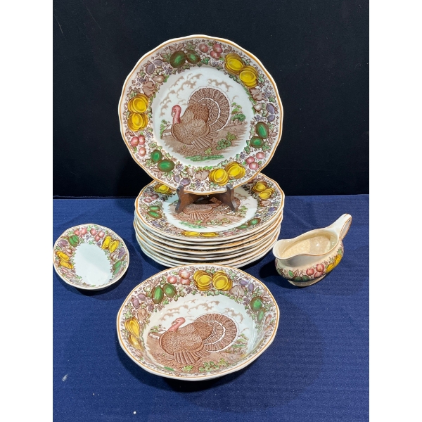 Barker Bros Turkey Plates, Serving Dishes, and Gravy Boat