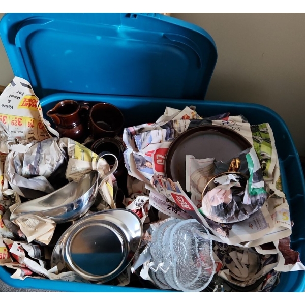 Bin w/ Brown and Orange Dinnerware, Serving Plates, Clear Glass Apple Salad Serving Set and More!