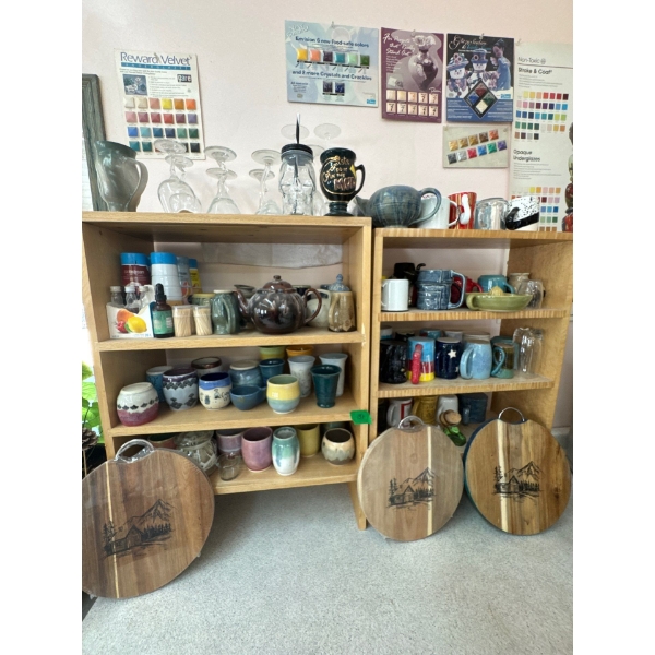 glassware shelving units ceramic cups, cutting boards, tea pots