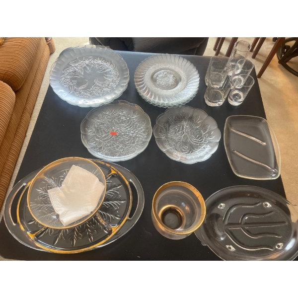 Large Collection of Glassware, Serving Tray and Bowl with Gold Trim, Dishes, High Ball Glasses, Serv