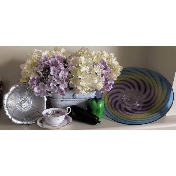 Decorative Lot: Aynsley Teacup, Glass Accents, Faux Flowers, and More